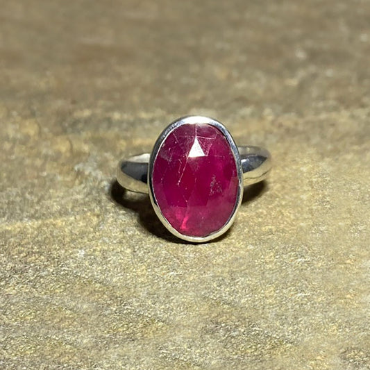 Oval Faceted Ruby Ring- Size 8