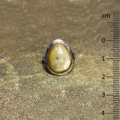 Faceted Teardrop Golden Sheen Sapphire Ring- Size 8