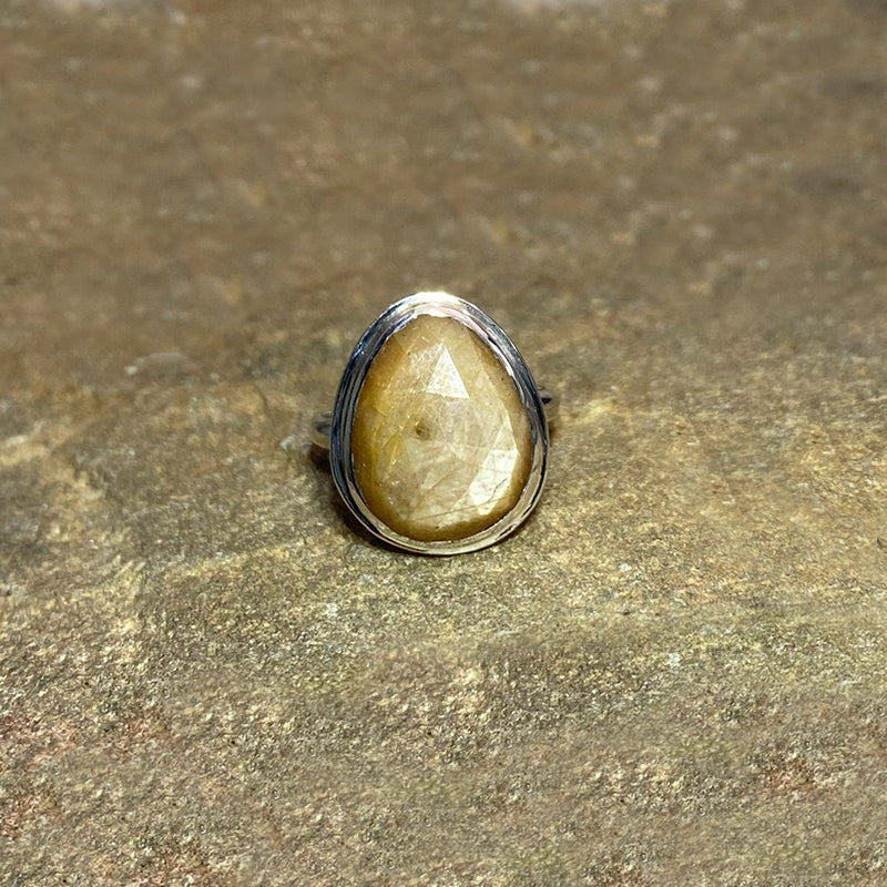 Faceted Teardrop Golden Sheen Sapphire Ring- Size 8