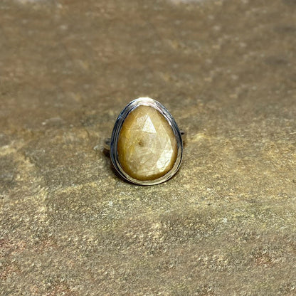 Faceted Teardrop Golden Sheen Sapphire Ring- Size 8