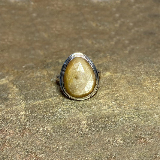 Faceted Teardrop Golden Sheen Sapphire Ring- Size 8