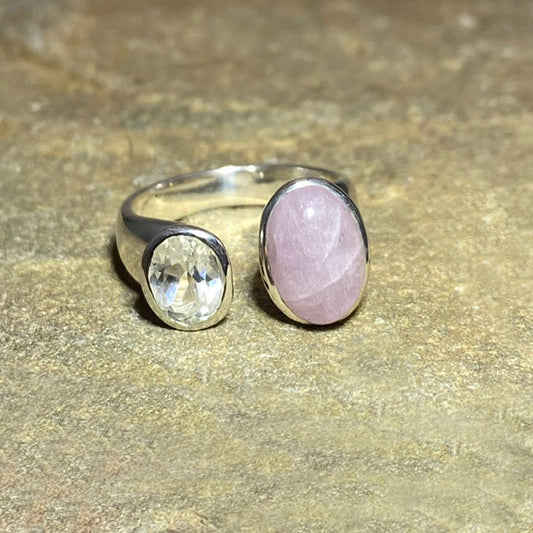 Combination Oval Kunzite & Faceted White Topaz Ring- Size 7.5