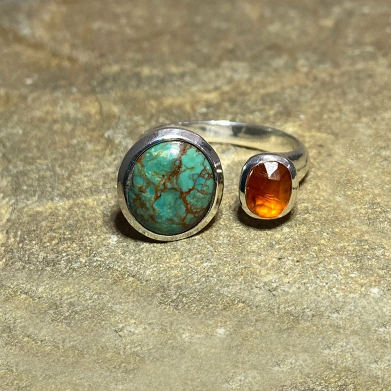 Oval Turquoise & Oval Faceted Orange Kyanite Ring- Size 8.5