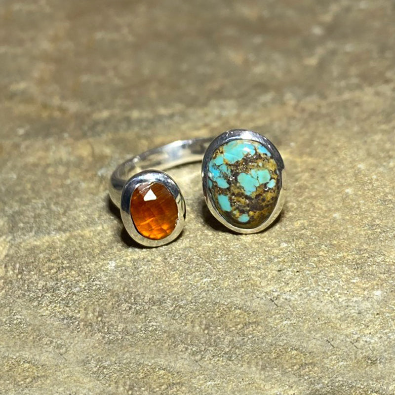 Oval Turquoise & Oval Faceted Orange Kyanite Ring- Size 7.5