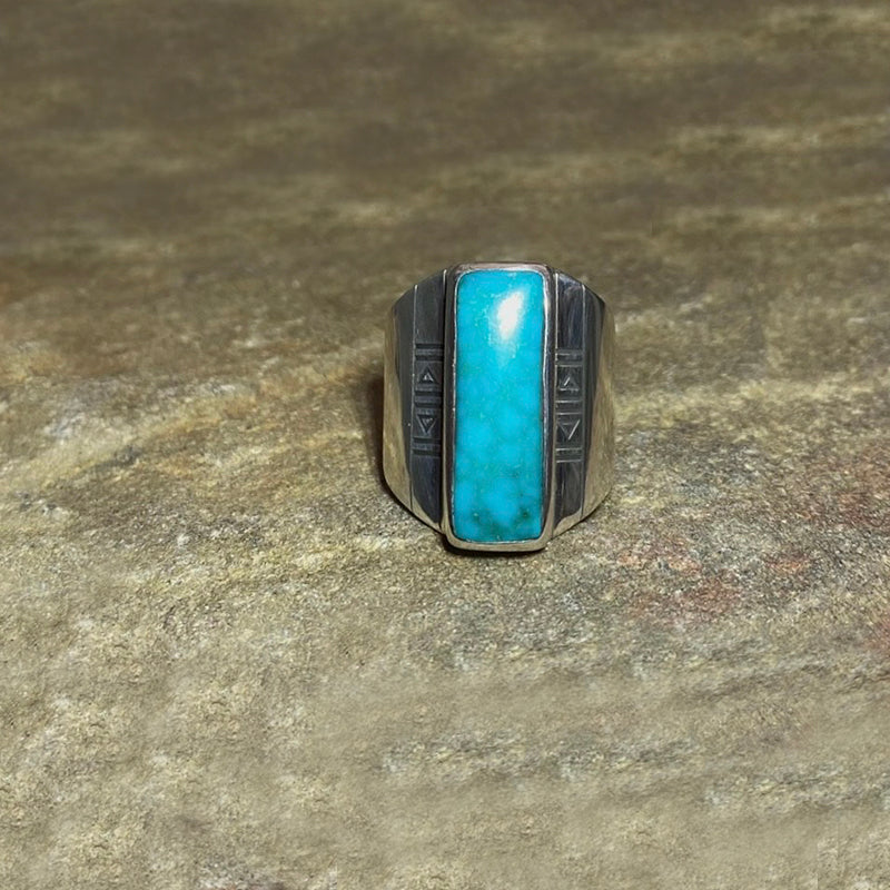 Ornate Sterling Silver Rectangle Sleeping Beauty Turquoise Ring- Size 8.5