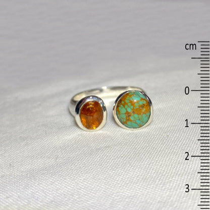 Round Turquoise & Oval Faceted Orange Kyanite Ring- Size 8.5