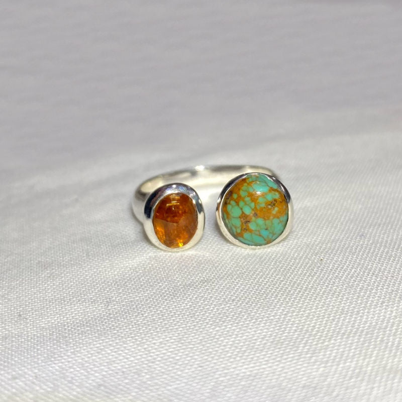 Round Turquoise & Oval Faceted Orange Kyanite Ring- Size 8.5