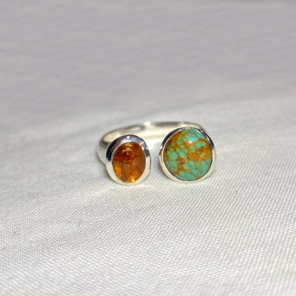 Round Turquoise & Oval Faceted Orange Kyanite Ring- Size 8.5