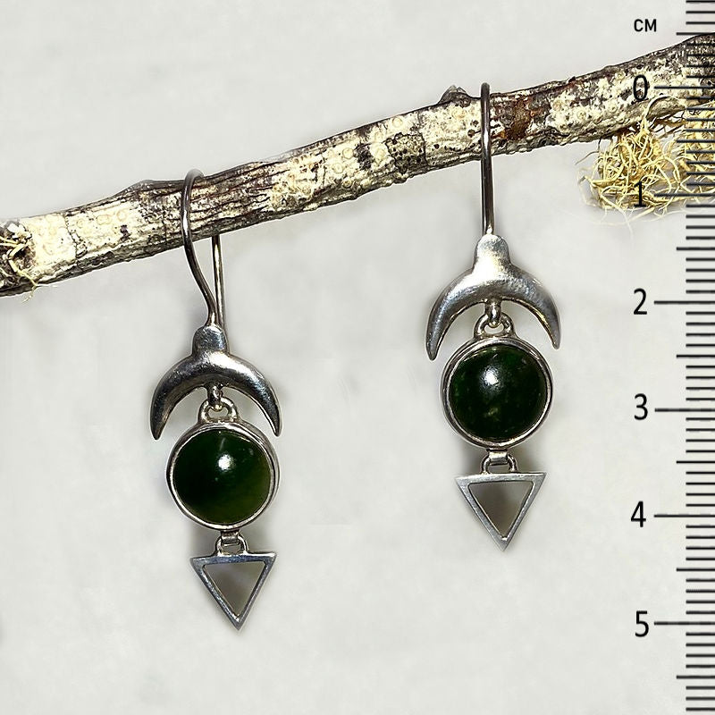 Round Nephrite Jade Sterling Silver Crescent Moon & Triangle Earrings
