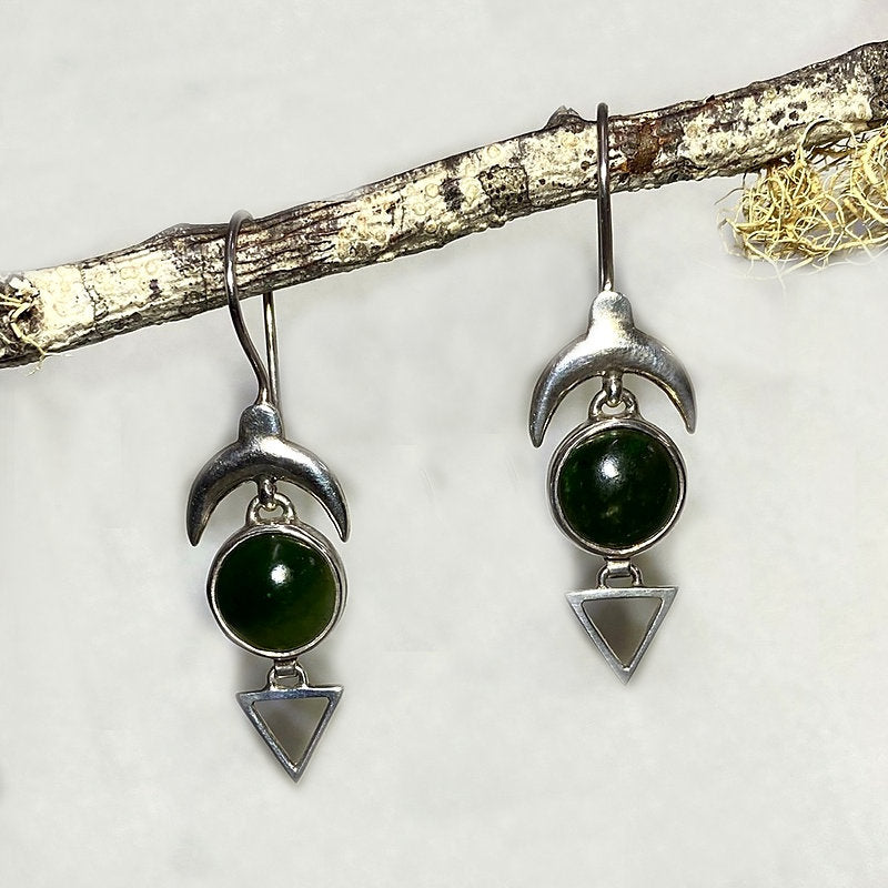 Round Nephrite Jade Sterling Silver Crescent Moon & Triangle Earrings