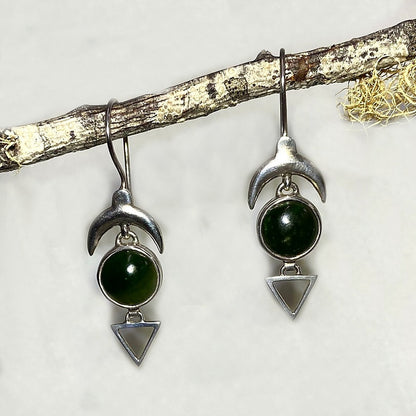 Round Nephrite Jade Sterling Silver Crescent Moon & Triangle Earrings