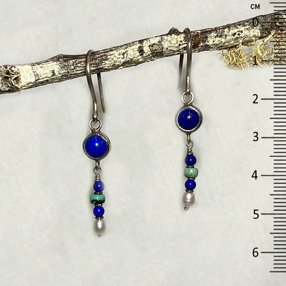 Round Lapis Lazuli, Turquoise & Pearl Earrings