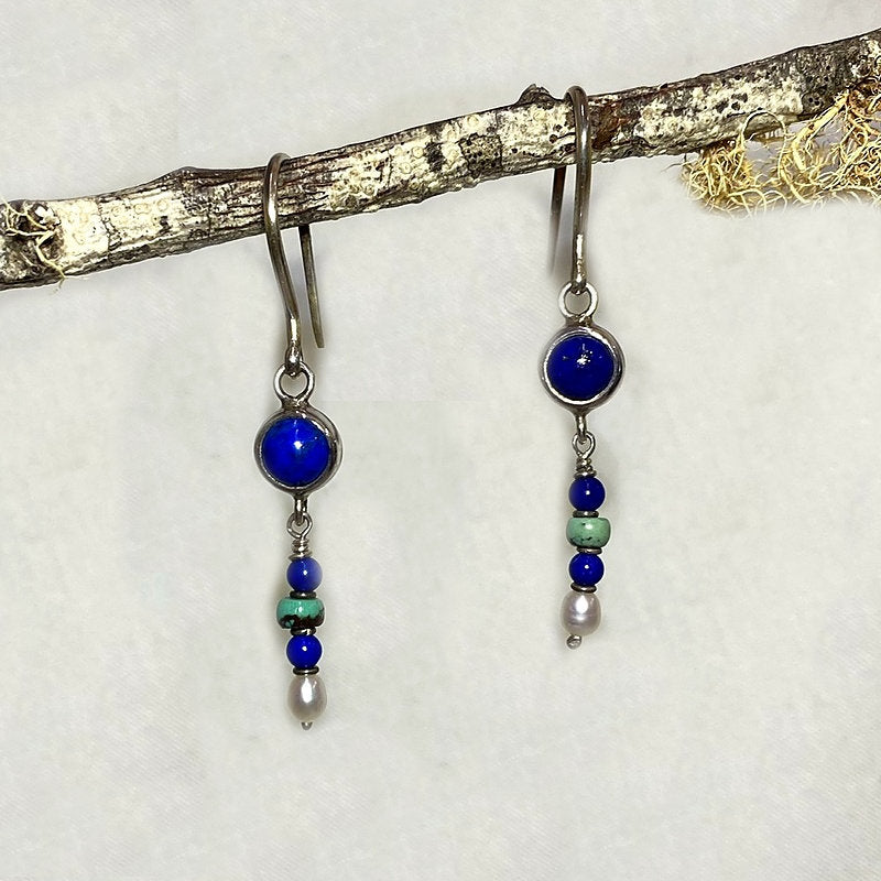 Round Lapis Lazuli, Turquoise & Pearl Earrings