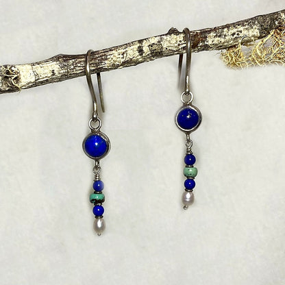 Round Lapis Lazuli, Turquoise & Pearl Earrings