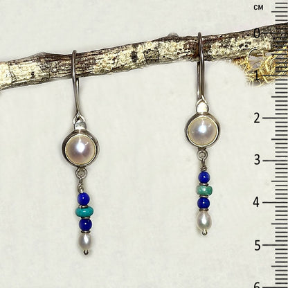 Round Pearl, Lapis Lazuli & Turquoise Earrings