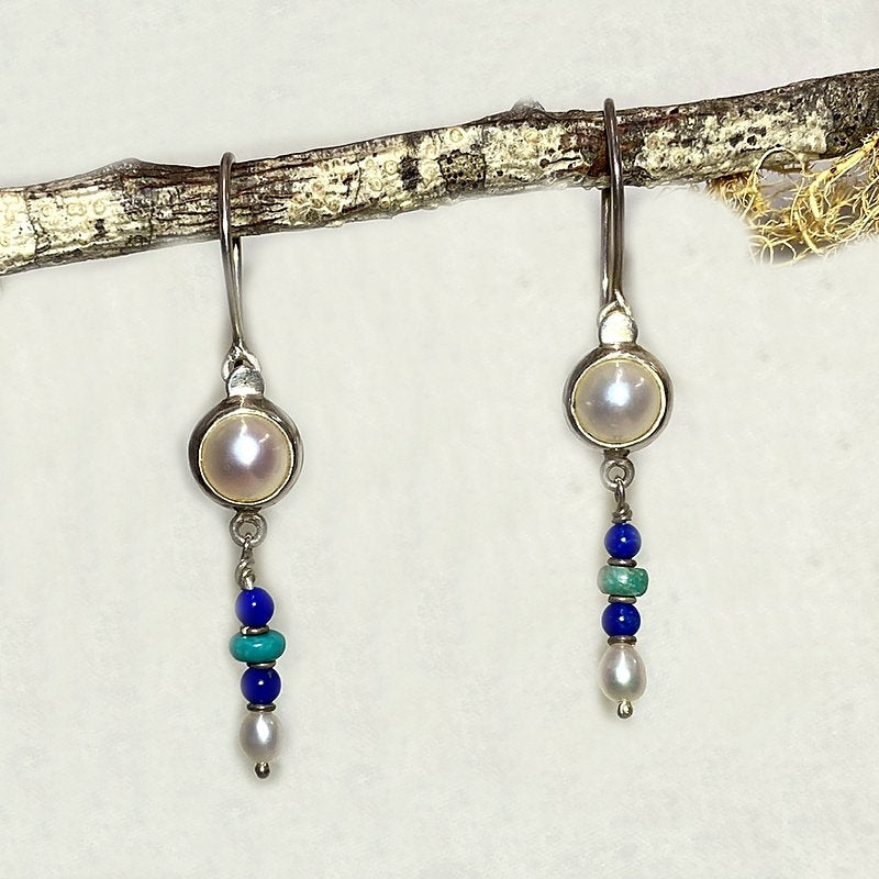 Round Pearl, Lapis Lazuli & Turquoise Earrings