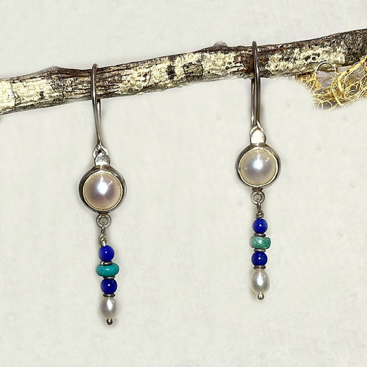 Round Pearl, Lapis Lazuli & Turquoise Earrings