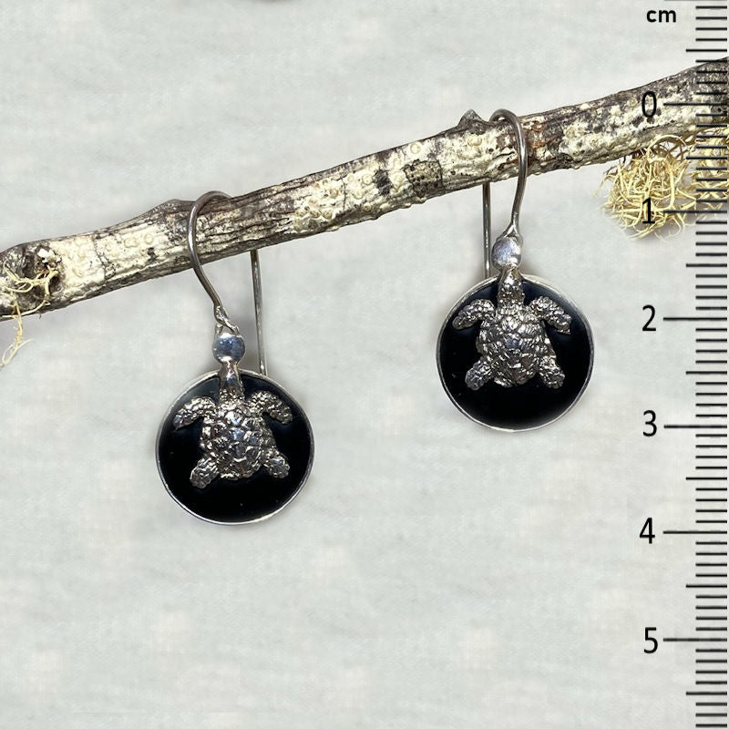 Round Black Onyx Sterling Silver Turtle Earrings