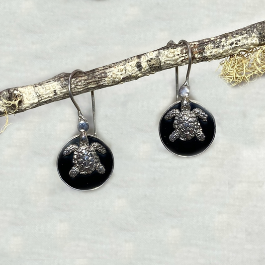 Round Black Onyx Sterling Silver Turtle Earrings