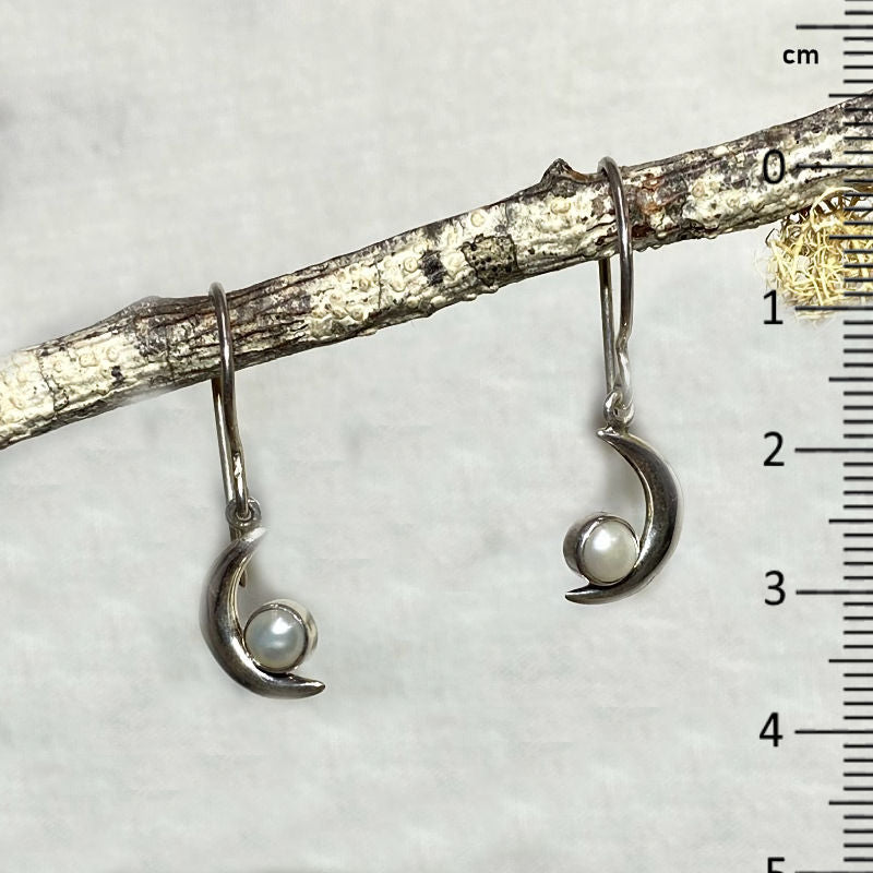 Round Pearl Sterling Silver Crescent Moon Earrings