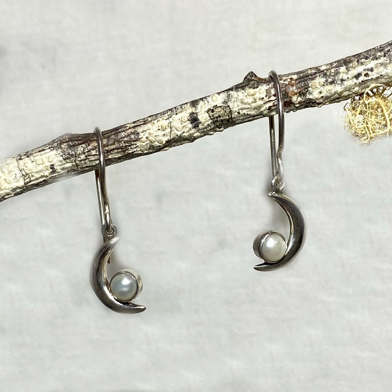Round Pearl Sterling Silver Crescent Moon Earrings