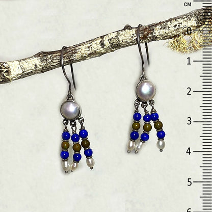 Round Pearl, Lapis Lazuli & Turquoise Earrings