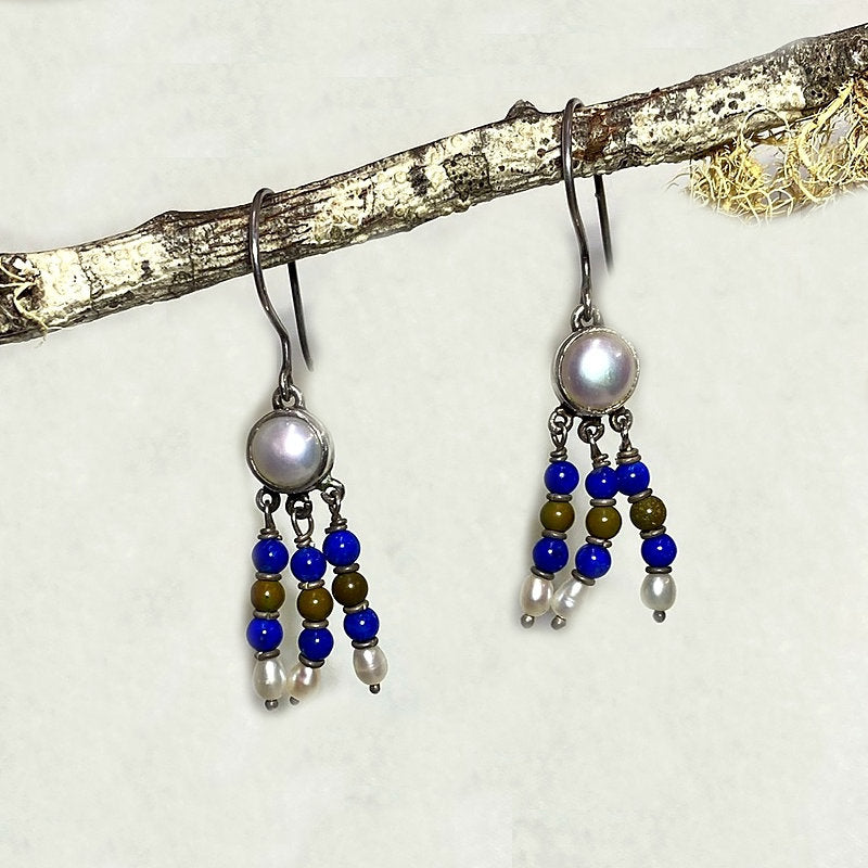 Round Pearl, Lapis Lazuli & Turquoise Earrings