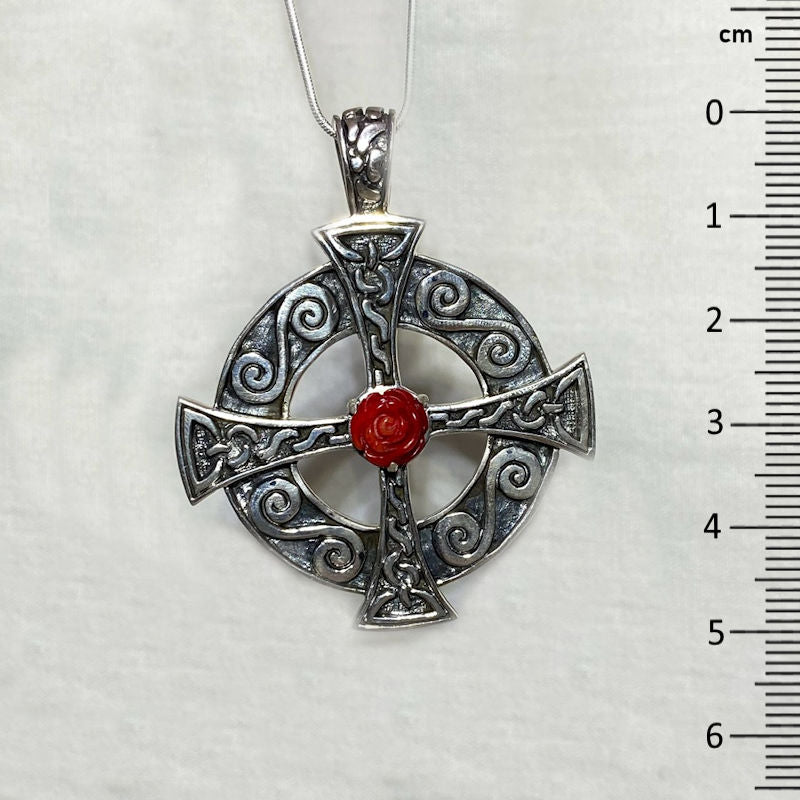 Carved Sea Bamboo Sterling Silver Celtic Cross Pendant