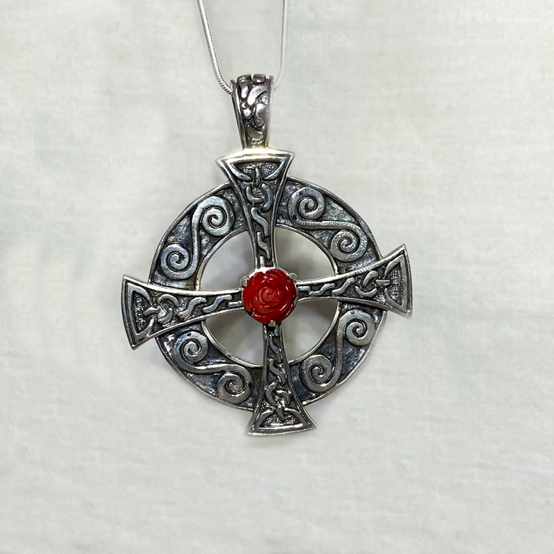 Carved Sea Bamboo Sterling Silver Celtic Cross Pendant