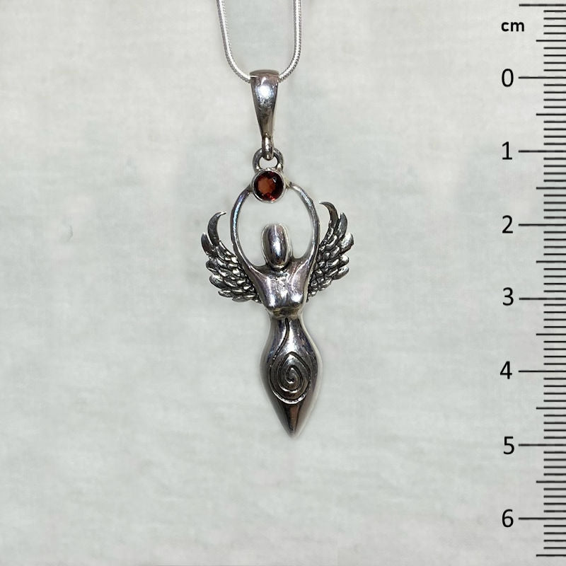 Faceted Round Garnet Sterling Silver Goddess Pendant