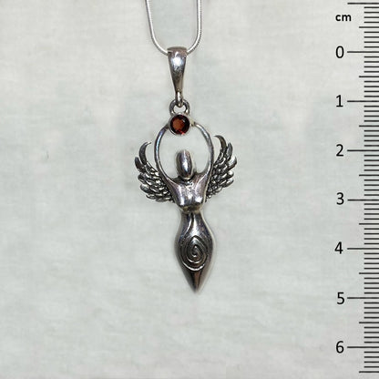 Faceted Round Garnet Sterling Silver Goddess Pendant