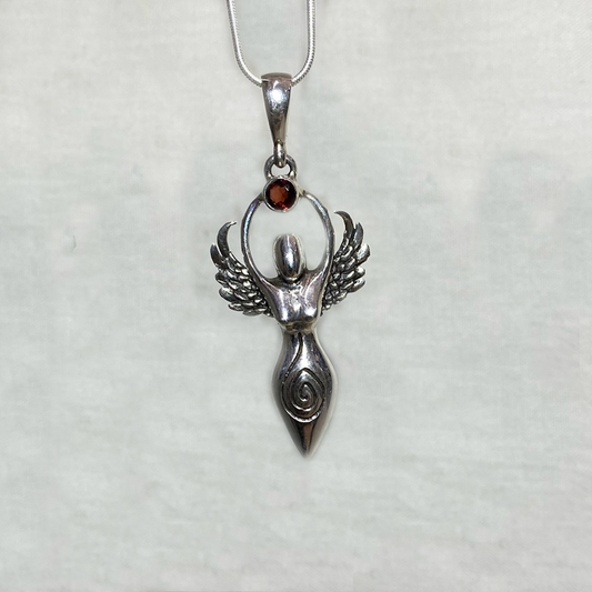 Faceted Round Garnet Sterling Silver Goddess Pendant