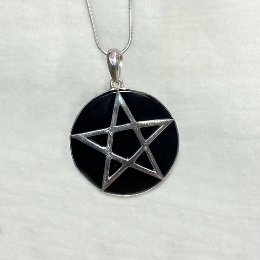 Round Black Onyx Sterling Silver Pentagram Pendant