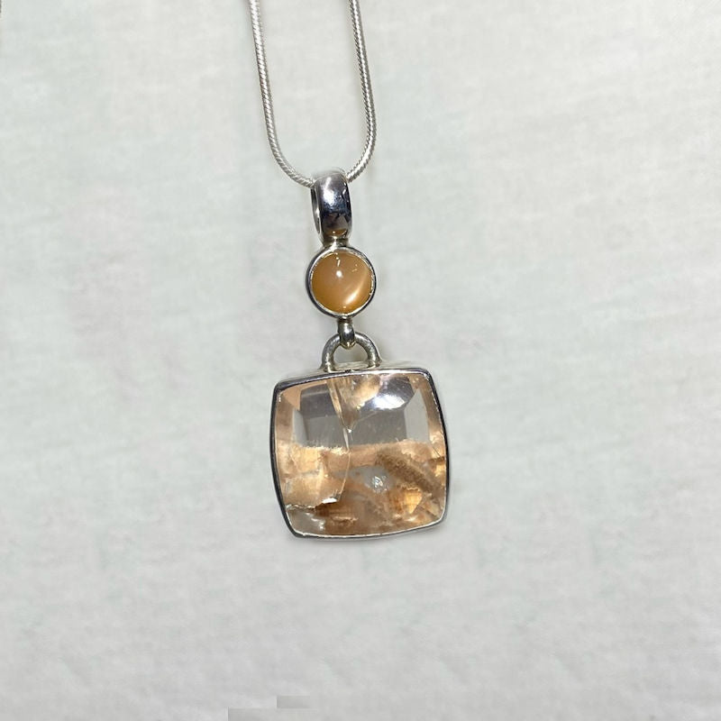 Combination Round Peach Moonstone & Rose Garden Quartz Pendant