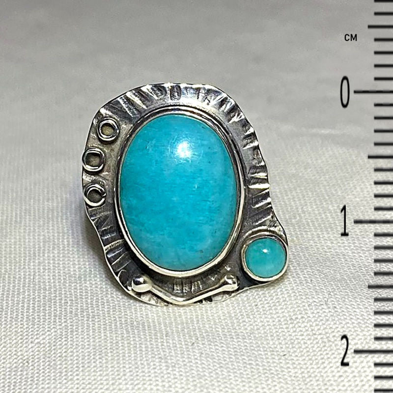 Oval & Round Amazonite Ornate Sterling Silver Ring- Size 7.5