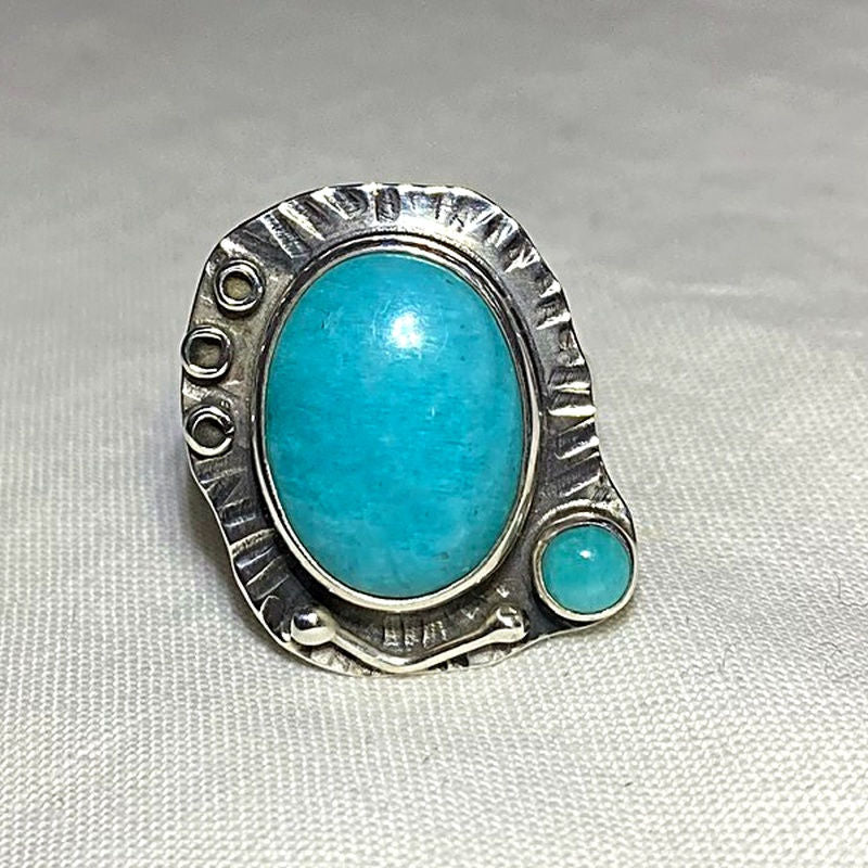 Oval & Round Amazonite Ornate Sterling Silver Ring- Size 7.5