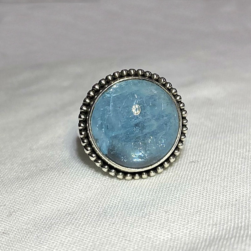 Round Aquamarine Ornate Sterling Silver Ring- Size 7