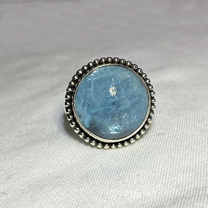 Round Aquamarine Ornate Sterling Silver Ring- Size 7