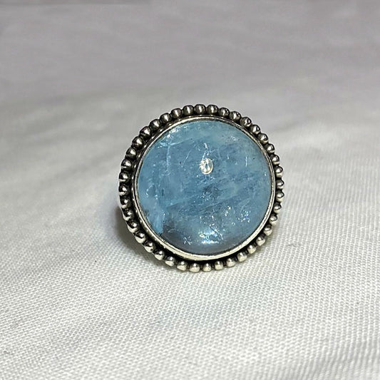 Round Aquamarine Ornate Sterling Silver Ring- Size 7