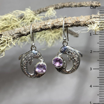 Ornate Sterling Silver Dolphin Round Faceted Amethyst Earrings