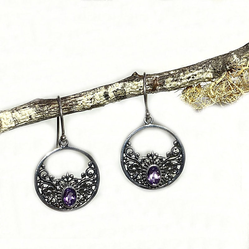 Faceted Oval Amethyst Ornate Sterling Silver Earrings