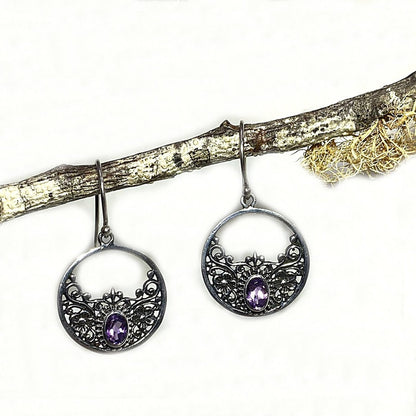 Faceted Oval Amethyst Ornate Sterling Silver Earrings