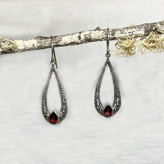 Ornate Sterling Silver Teardrop Faceted Garnet Earrings