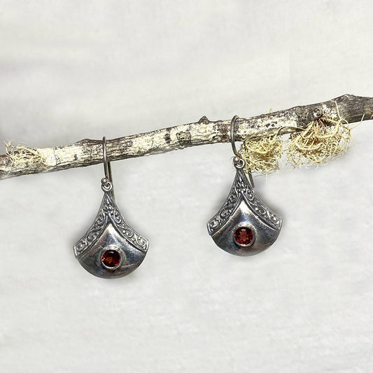 Ornate Sterling Silver Round Faceted Garnet Earrings