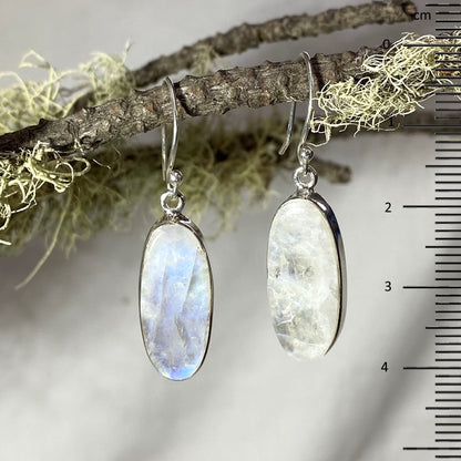 Long Oval Rainbow Moonstone Earrings