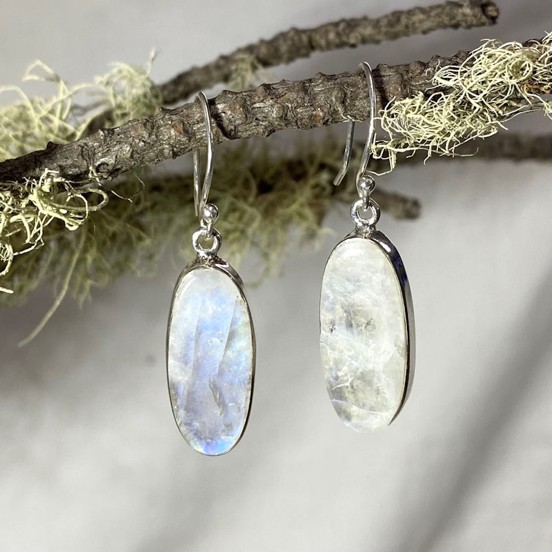 Long Oval Rainbow Moonstone Earrings