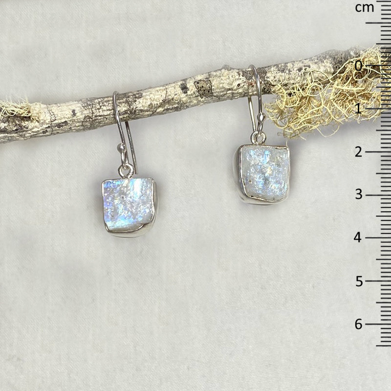 Square Raw Rainbow Moonstone Earrings