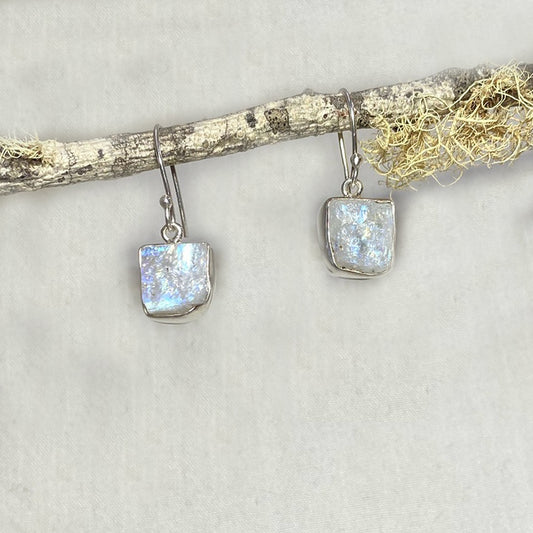 Square Raw Rainbow Moonstone Earrings