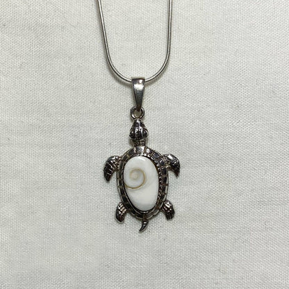 Oval Swirl Shell Sterling Silver Turtle Pendant