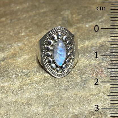 Ornate Sterling Silver Marquese Rainbow Moonstone Ring- Size 9.5